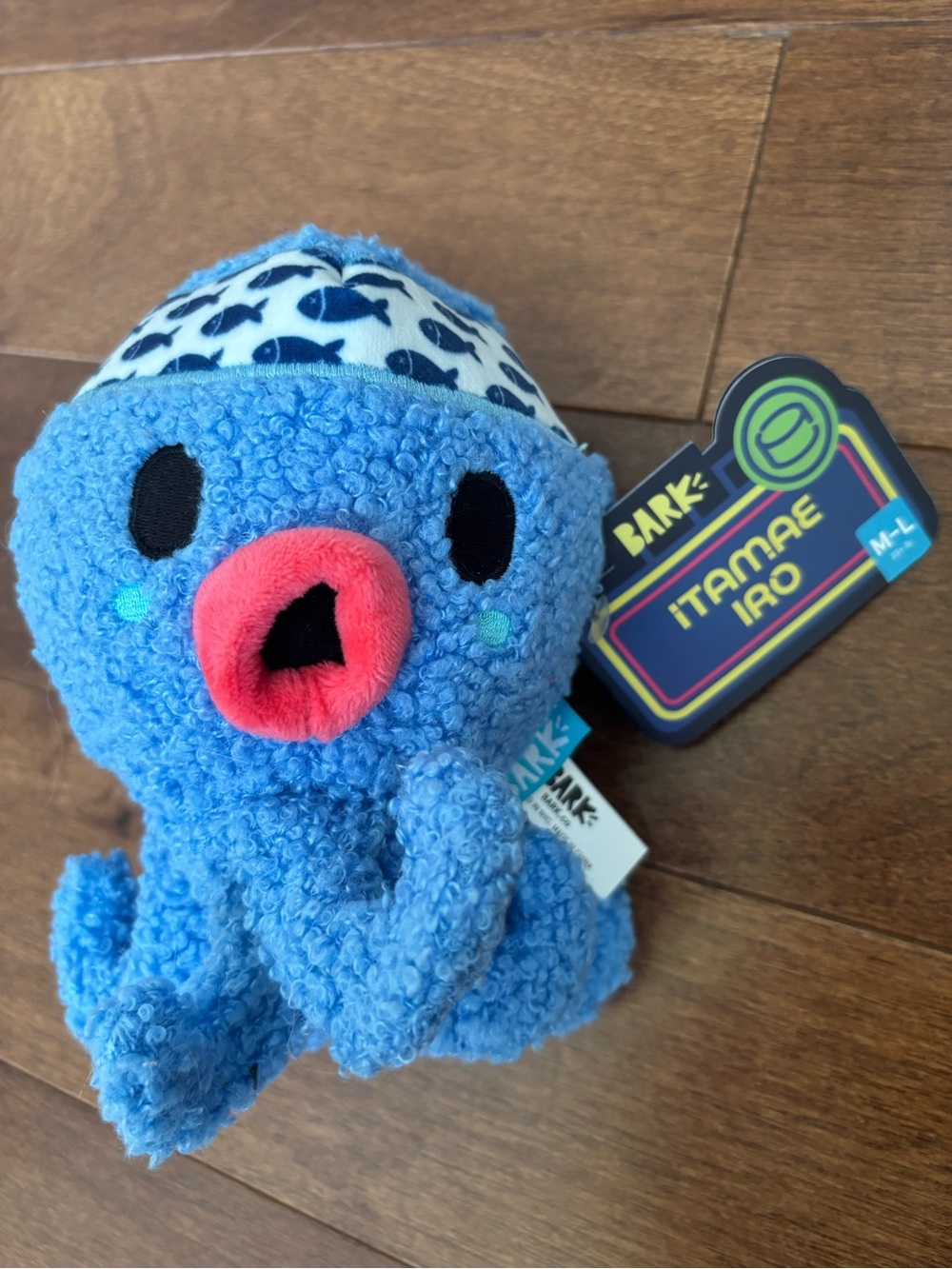 BARK Blue Octopus Plush with Pink Mouth and Whale-Print Cap